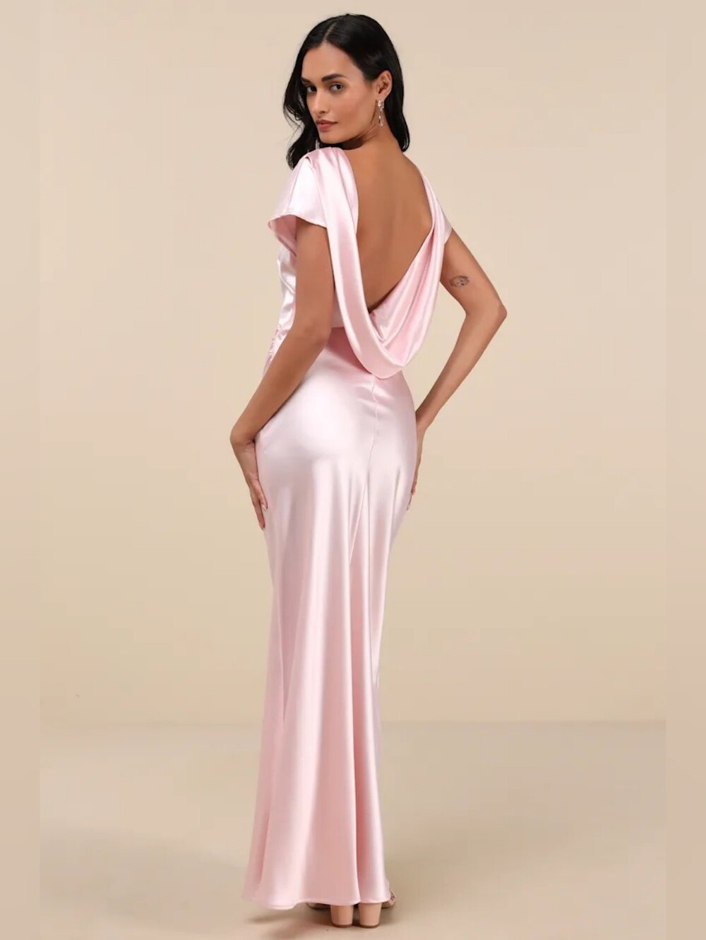 NWT Lulus Captivating Presence Blush Pink Satin Cowl Back Maxi Dress Size M
